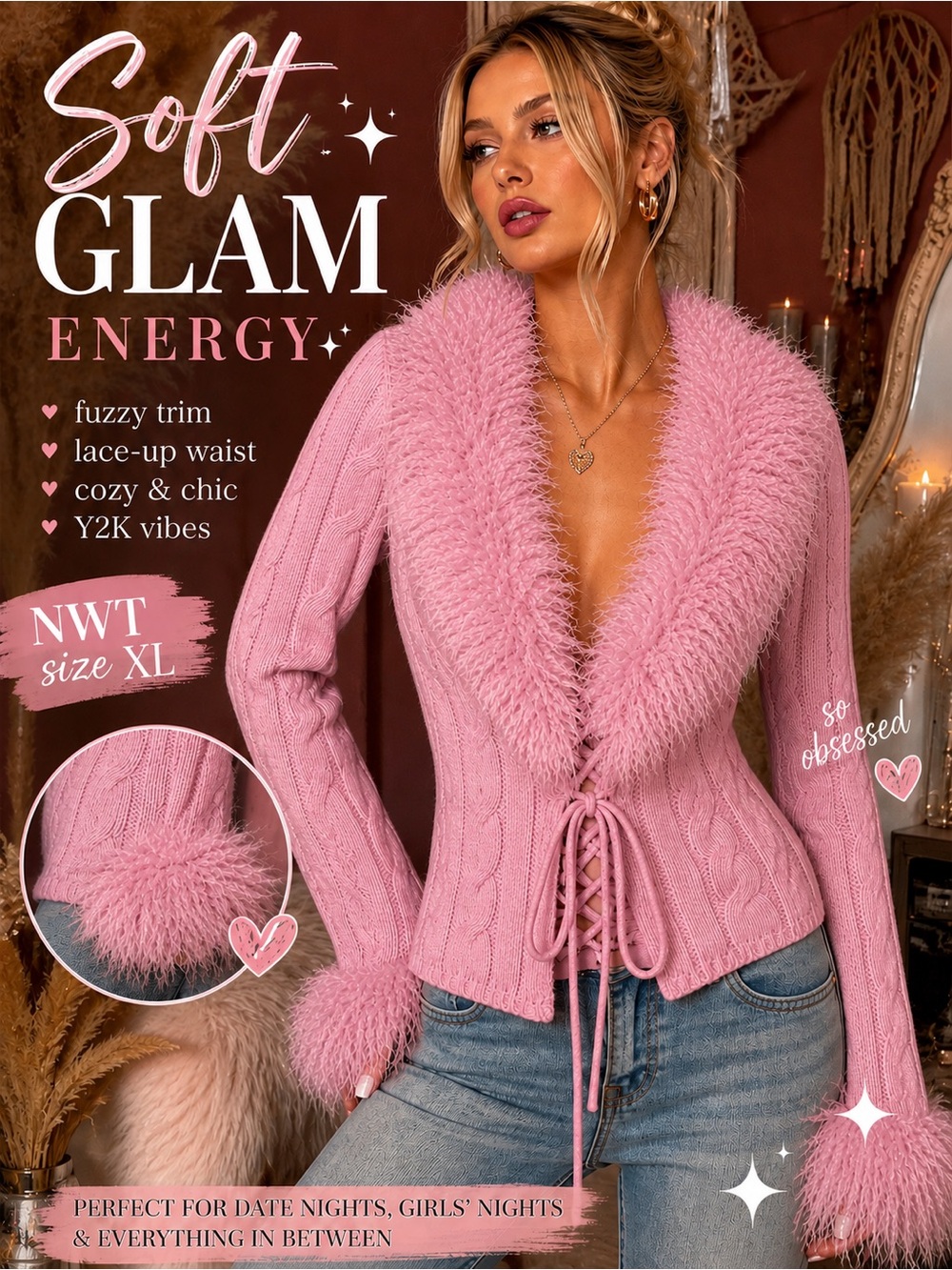 Pink Fuzzy Trim Lace Up Cardigan Sweater Womens XL NWT Cable Knit Glam Y2K